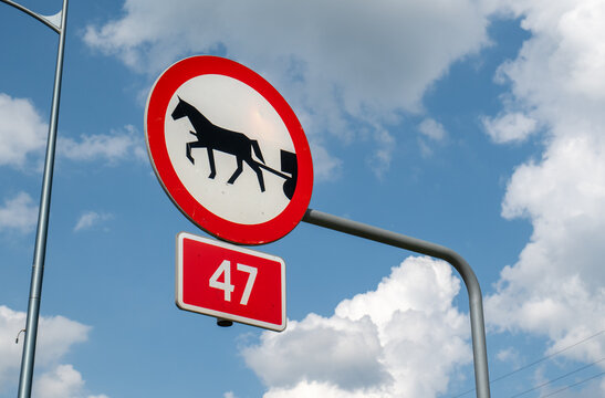 Circular no horse-drawn vehicles prohibition sign with black horse and cart silhouette, red border, white background, red 47 plate on grey pole against blue sky with clouds, low angle view