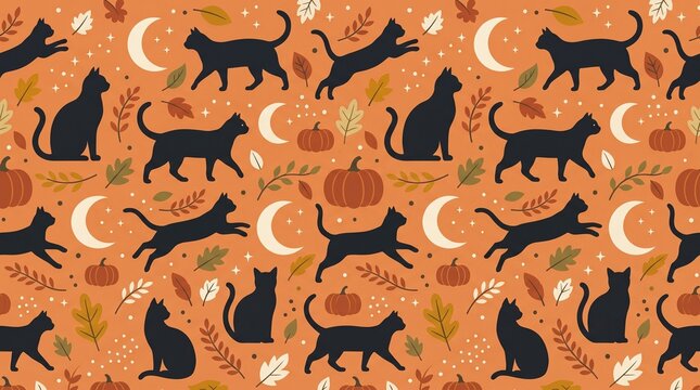 Seamless pattern featuring black cat silhouettes, orange pumpkins, crescent moons, and autumn leaves on a warm orange background, festive seasonal textile prints and wrapping paper projects