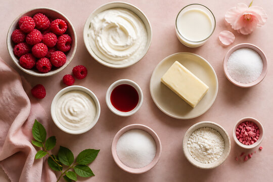 A flat lay arrangement of various food ingredients including raspberries, whipped cream, butter, sugar, and berries on a pink surface.