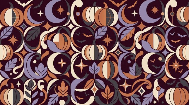 Geometric halloween seamless pattern featuring stylized pumpkins, crescent moons, stars, and autumn leaves in a symmetrical arrangement with a dark purple background, for seasonal holiday decorating