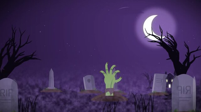 Spooky cartoon animation showing zombie hand movement in a dark halloween graveyard under a crescent moon