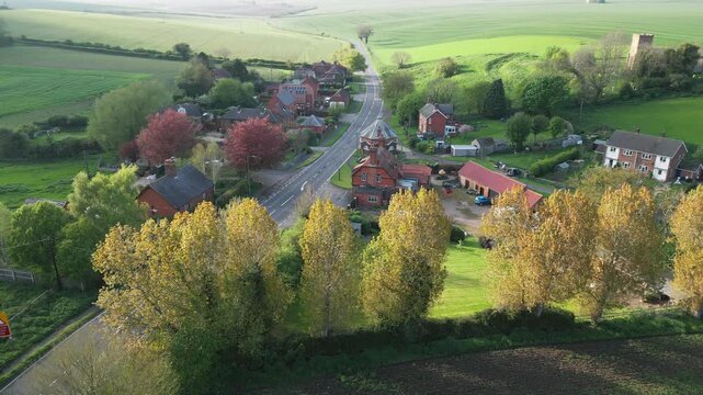 Golden autumn leaves frame a quiet village road