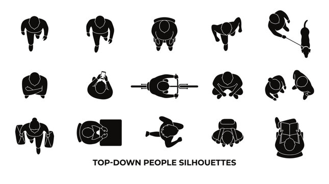 Set of fifteen black silhouettes of people from a top down view for architectural floor plan and design scale drawings