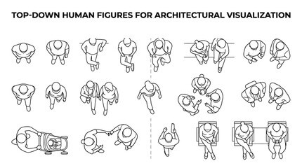 Fototapeta premium Top view human figures collection for architectural site plans and landscape design drawings in black line style
