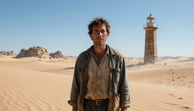 Man Standing in Desert Near Lighthouse