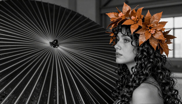 Woman with Autumn Leaf Crown and Black Umbrella Portrait