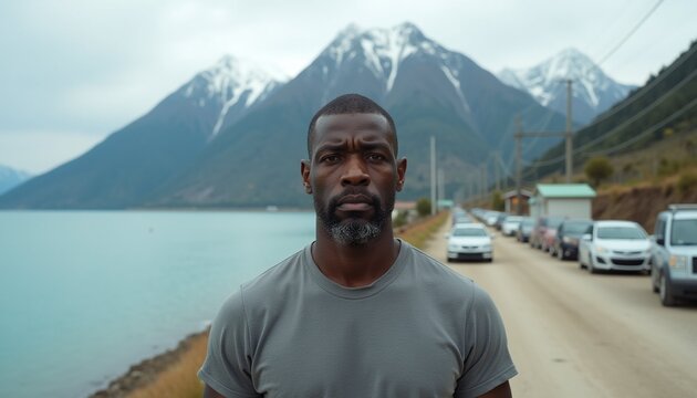 Man Standing Before Mountain Road and Lake with Snow-Capped Peaks
