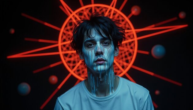 Neon-Backlit Portrait with Dripping Blue Paint