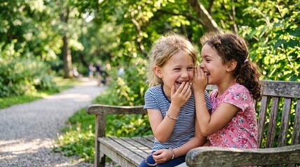 Fototapeta premium Two young girls sharing a secret and laughing on a park bench