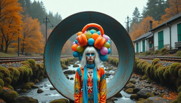 Colorful Autumn Fashion Portrait with Industrial Pipe and Balloon Headpiece