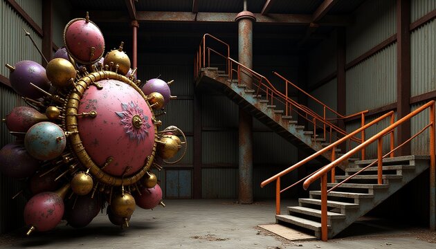 Abandoned Warehouse with Intricate Mechanical Sphere Installation