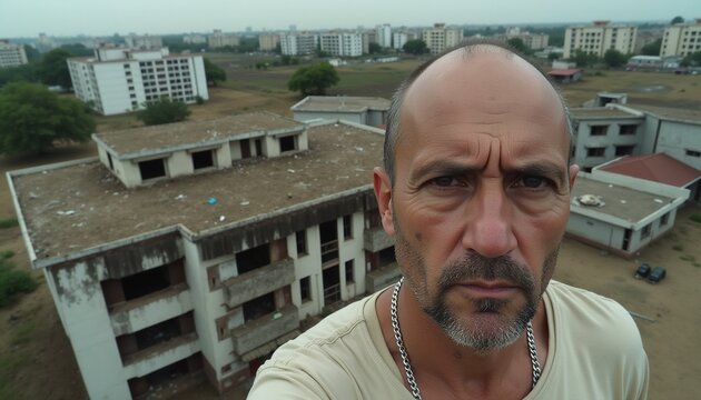 Man selfie against dilapidated urban buildings with abandoned cityscape backdrop