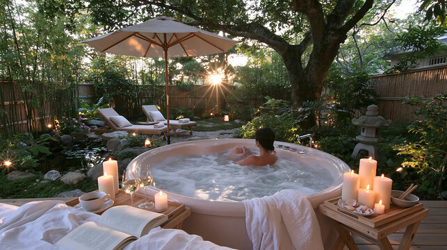 serene spa day in a backyard wooden tub with warm sunlight filtering through the forest symbolizing stress relief mindfulness and nature therapy