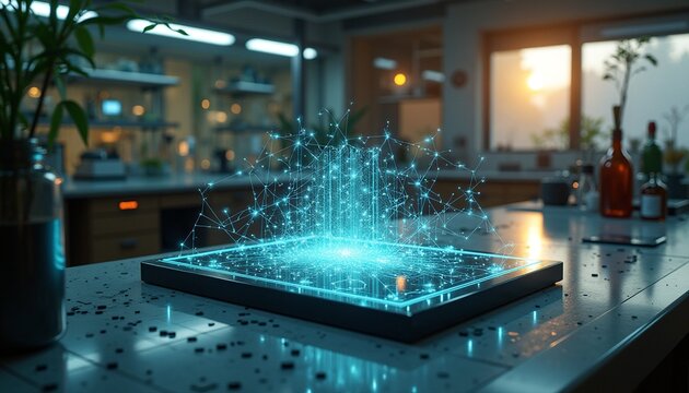 Futuristic Digital Network Display in Modern Kitchen Interior