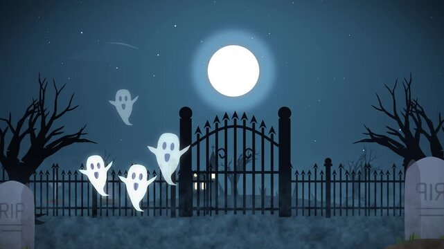 Animated halloween graveyard scene with playful cartoon ghosts floating by a full moon and spooky gate at night