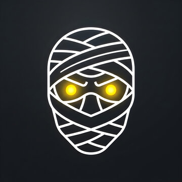 Halloween mummy head illustration with glowing yellow eyes on a dark background, perfect for spooky banners.