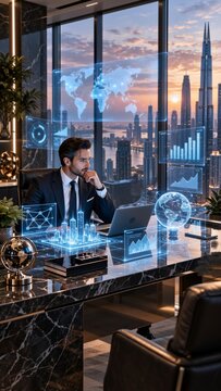 Business professional analyzing financial data in a luxury office with holographic charts, global map and city skyline at sunset, representing technology, investment and innovation.