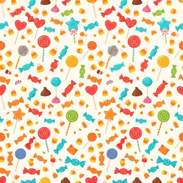 Candy pattern featuring colorful lollipops, wrapped sweets, and festive treats arranged on a light background.