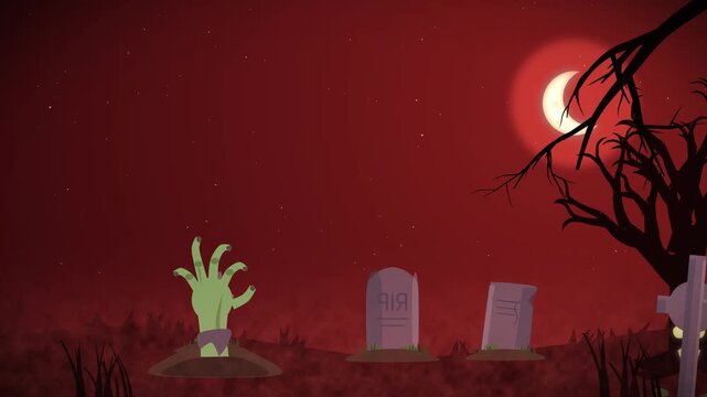 Spooky halloween cartoon animation featuring zombie hand coming out of grave at night graveyard