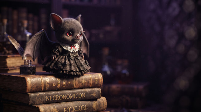 Cute baby vampire bat in gothic dress sits on old books