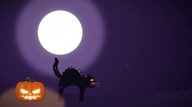 Classic halloween animation with black cat hissing and jackolantern under a violet full moon loop movement