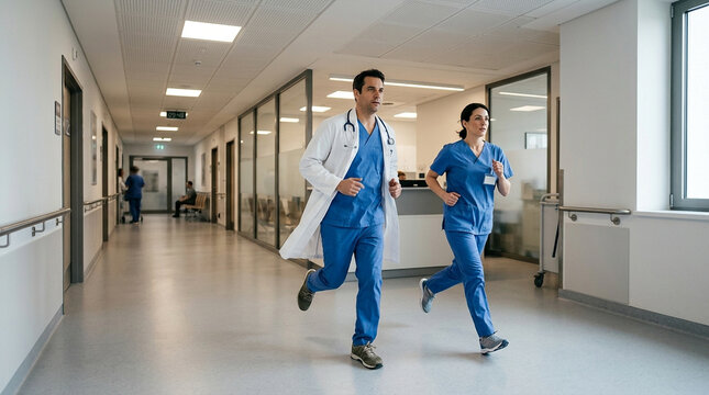 Medical staff, a male doctor and female nurse, hurrying down a bright hospital corridor