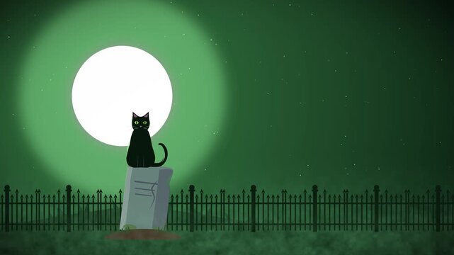 Animated spooky black cat sits on tombstone with glowing green eyes under full moon in dark graveyard scene animation