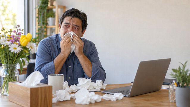 Hispanic man with hay fever blowing nose in tissue at home office desk with flowers, laptop, used tissues