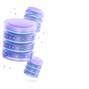 3D Translucent Glass Database Server Cylinders with Glowing Nodes on White Background, Cloud Storage and Big Data Concept