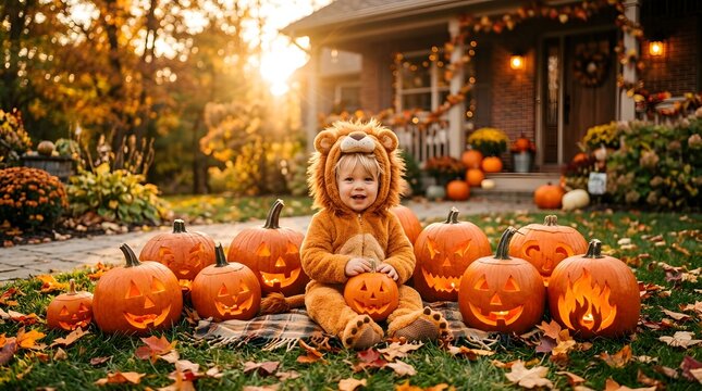 Happy toddler in a fuzzy lion costume sitting on a blanket outdoors among numerous glowing jack o lanterns at sunset in a festive residential yard