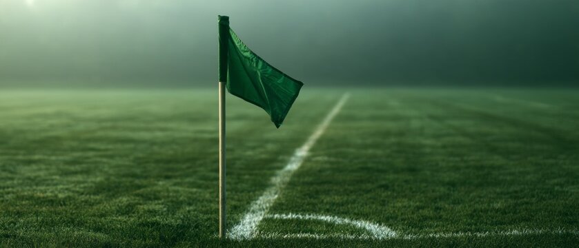 Green corner flag waving on an empty soccer pitch on a misty morning with copy space, dramatic football field background in dense fog
