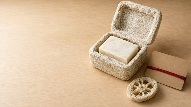 Natural fiber soap box with handmade soap and gift tag