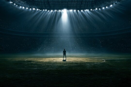 Cinematic wide shot of a soccer player silhouette standing under a giant bright spotlight beam in the center circle of a massive stadium at night