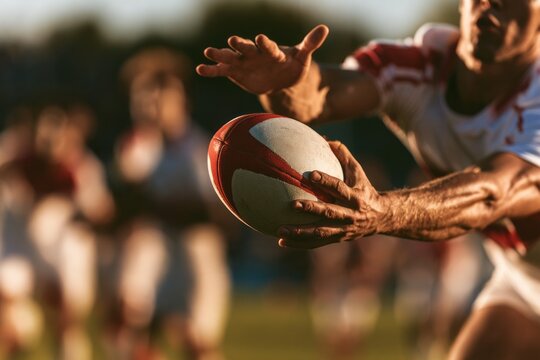 Close up of a rugby player catching an oval ball during an intense match on a sunny field, dynamic action sports photography