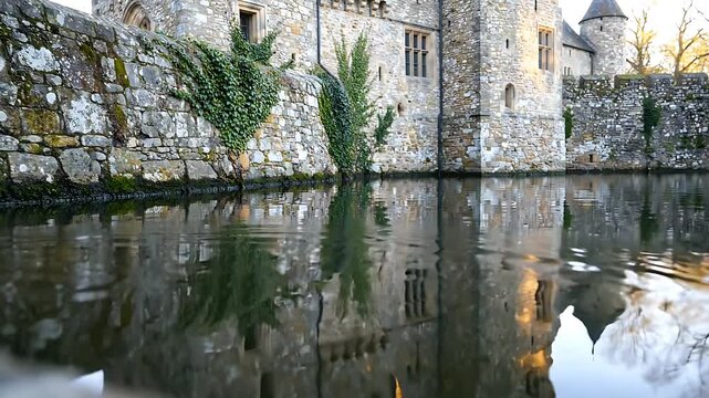 Stone Building Reflection Rippling in Calm Water, Creating a Mirrored Effect with Subtle Movement and a Tranquil Atmosphere.