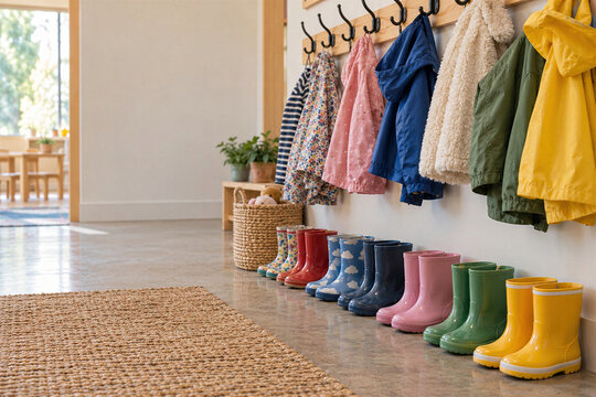 Row of colorful rain boots, kids raincoats hanging on hooks in bright kindergarten hallway, cloakroom