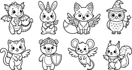 Fototapeta premium Set-of-cute-fantasy-animals-coloring-page-characters-for-kids-activity-book-isolated-on-white-background