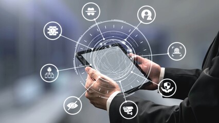 Fototapeta premium Cyber security icons show cyber attack defense, malware protection, and data security. Cybersecurity prevents hacking, ensures safety, and strengthens cyber attack resilience. Gist