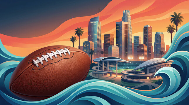 American football championship with stadium and dynamic waves