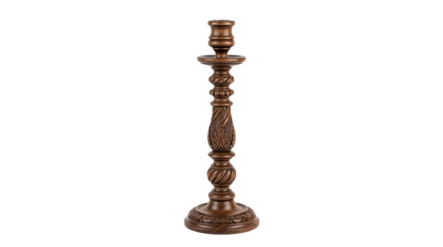 Vintage wooden candlestick holder with ornate hand carved details, rustic brown wood candle stand for home decor isolated PNG with Transparent Background