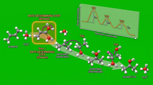 Chemical reaction mechanism diagram showing propene hydration to