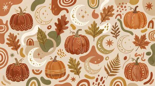 Thanksgiving autumn pumpkin pattern background with leaves and moons in boho style for fall seasonal design.