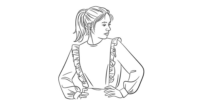 Young woman with ponytail hairstyle looking away in a stylish ruffle blouse line art drawing