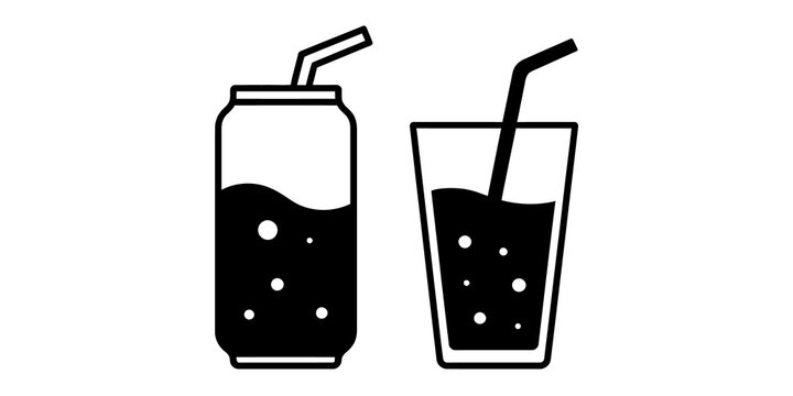 Black and white soda can and glass icon set
