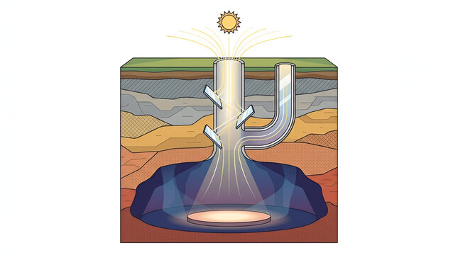 Underground solar light reflection cross section diagram showing mirrors reflecting sunlight into a subterranean cave