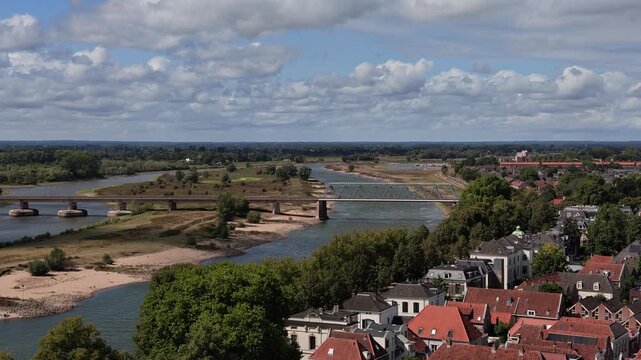 Elevated view looking across IJssel river toward opposite shore