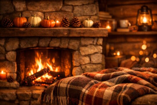Cozy autumn fireplace scene with pumpkins, pine cones and plaid blanket for thanksgiving or fall background and seasonal home decor poster