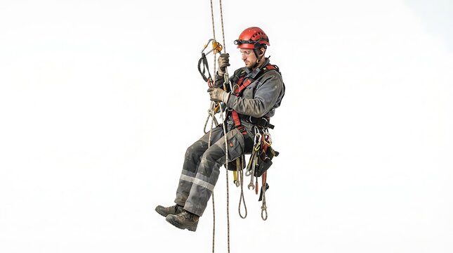 Industrial rope access technician performing maintenance while suspended on climbing gear