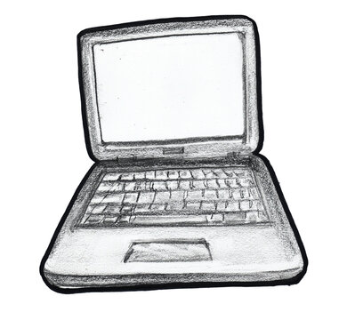 Handgezeichneter ge&ouml;ffneter Laptop mit Tastatur, Touchpad und leerem Bildschirm, Bleistiftzeichnung mit sichtbarer Schraffur, freigestellt auf transparentem Hintergrund.
