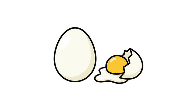 Whole white egg next to a cracked egg showing the yellow yolk and white vector illustration on a white background.